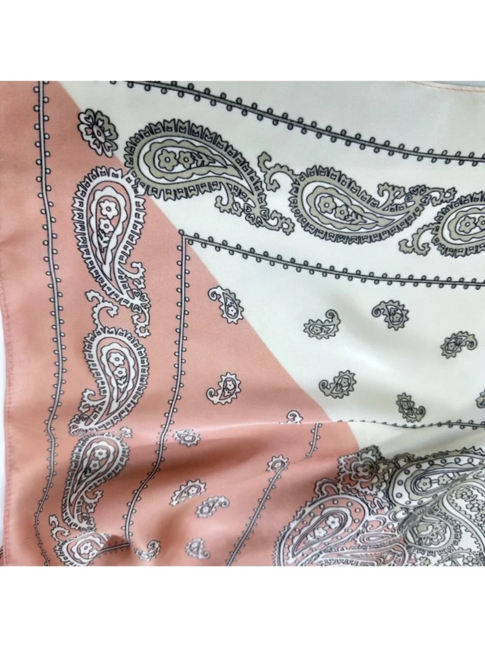 Luxury Elegant Women Square Silky Soft Scarf Head Top Hijab Beige Floral Paisley